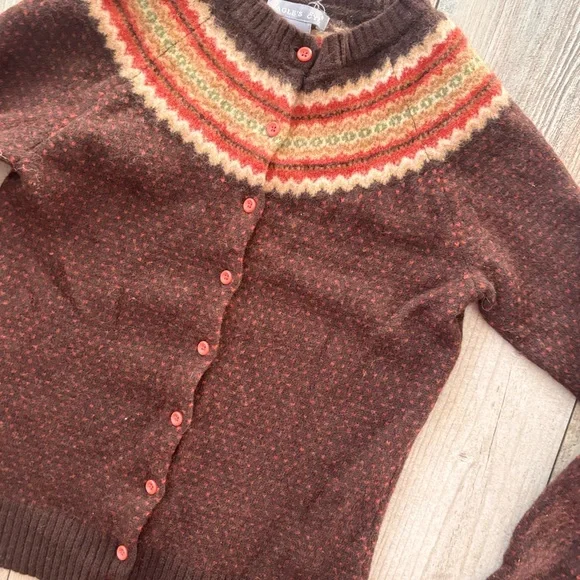 Vintage 100% Lambs Wool Eagles Eye Brown Patterned Cardigan Sweater Small - Picture 3 of 8